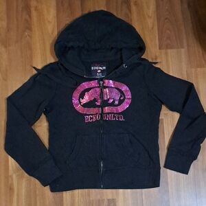 Vintage Y2k Ecko Unlimited Black Zipper Hoodie with Pink Accents